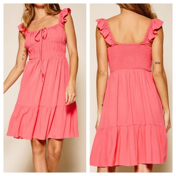 40 Coral round neck elastic smocked waist tiered flowy babydoll dress - Picture 2 of 8